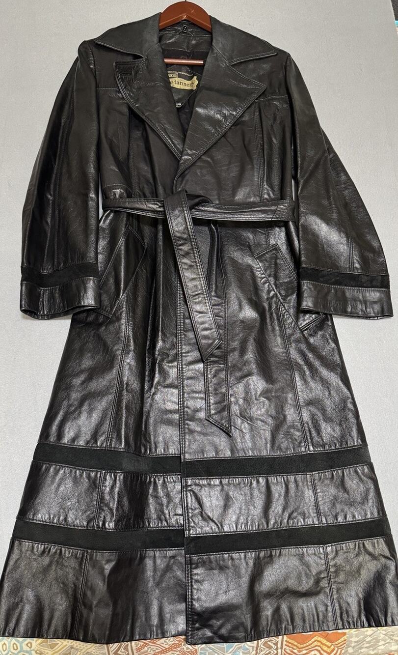Vintage The Tannery Montgomery Ward Leather Overcoat Pockets Black Belted M